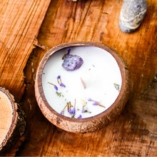Load image into Gallery viewer, Coconut Shell Scented Candle topped with Gemstone and Dried Flowers - Spiritual Healing Energy