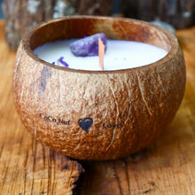 Load image into Gallery viewer, Coconut Shell Scented Candle topped with Gemstone and Dried Flowers - Spiritual Healing Energy