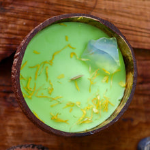 Load image into Gallery viewer, Coconut Shell Scented Candle topped with Gemstone and Dried Flowers - Spiritual Healing Energy