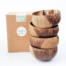 Load image into Gallery viewer, Coconut Bowls - Bundle of 4 Medium Coconut Bowls with Boho Engraving Designs