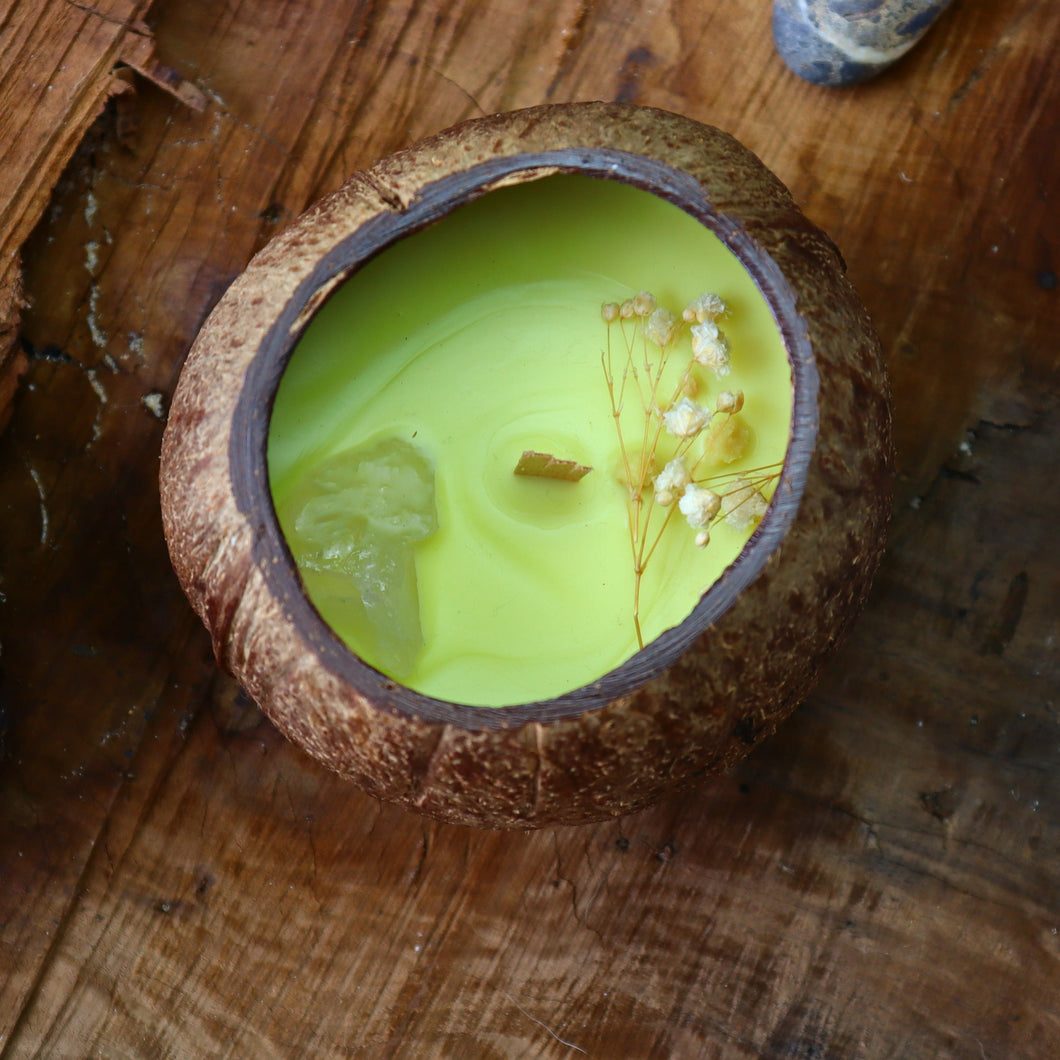 Coconut Shell Scented Candle topped with Gemstone and Dried Flowers - Spiritual Healing Energy