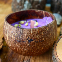 Load image into Gallery viewer, Coconut Shell Scented Candle topped with Gemstone and Dried Flowers - Spiritual Healing Energy
