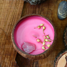 Load image into Gallery viewer, Coconut Shell Scented Candle topped with Gemstone and Dried Flowers - Spiritual Healing Energy
